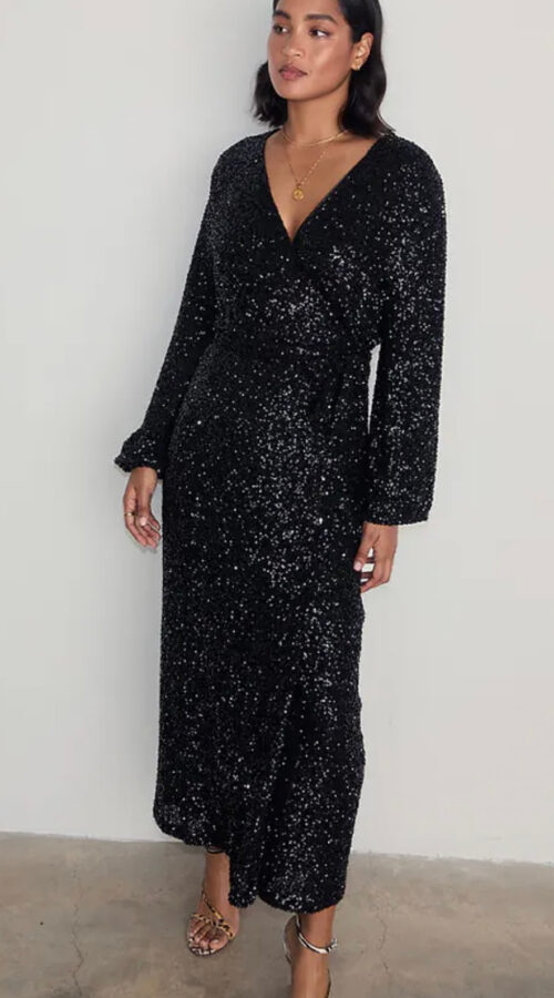 Never Fully Dressed Black Sequin Kira Wrap Dress