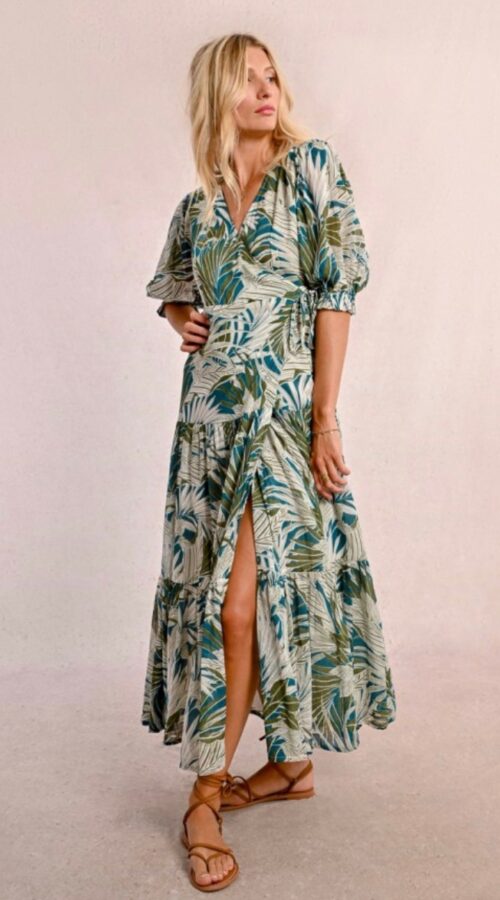 Molly Bracken Long Wrap Dress with Ruffles - Khaki Kala