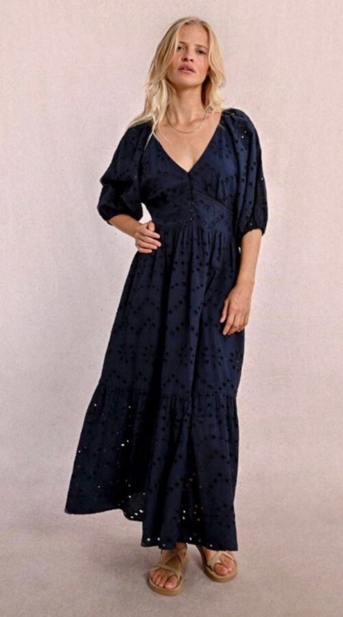 Molly Bracken Long Openwork Embroidery Dress - Navy