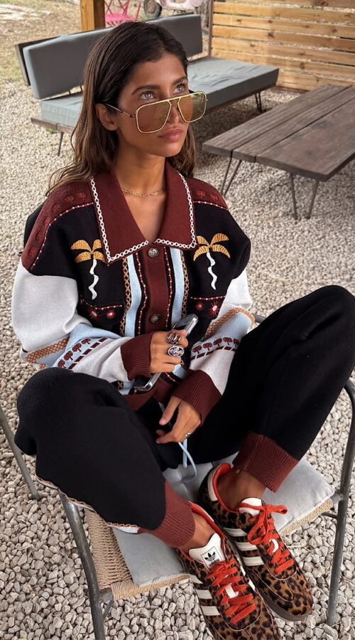 Geometric Knit Cardigan with Embroidery Detail - Never Fully Dressed