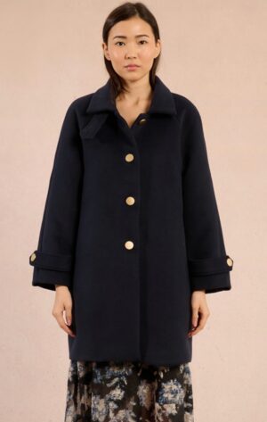 Molly Bracken Straight Felt Coat with Large Buttons - Navy