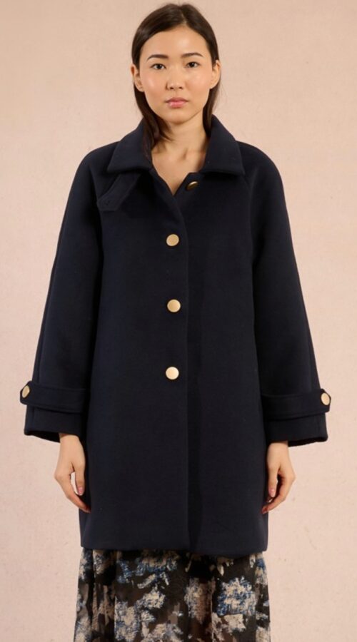 Molly Bracken Straight Felt Coat with Large Buttons - Navy