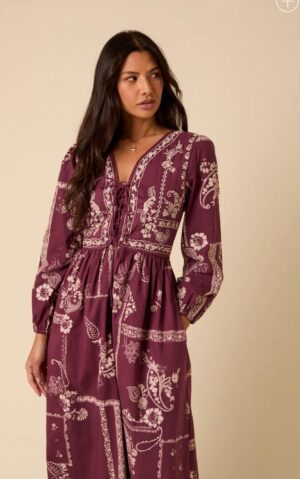 Purple Paisley Embroidered Quilted Monroe Midi Dress