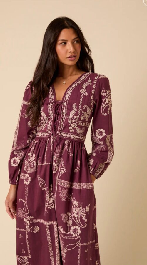 Purple Paisley Embroidered Quilted Monroe Midi Dress