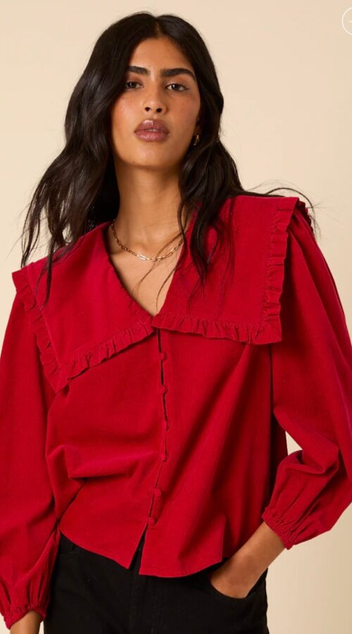 Red Cord Ruffle Collar Blouse
