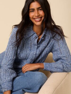 Blue Pointelle Collared Knitted Cardigan