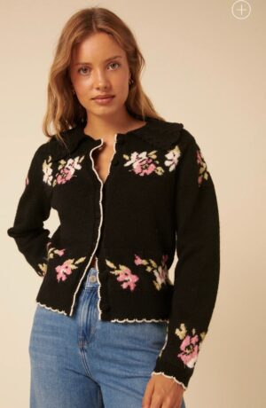 Black Floral Jacquard Collared Cardigan