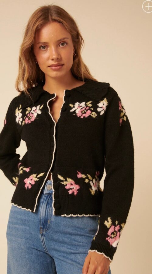 Black Floral Jacquard Collared Cardigan