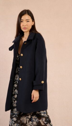 Molly Bracken Straight Felt Coat with Large Buttons - Navy - Image 3