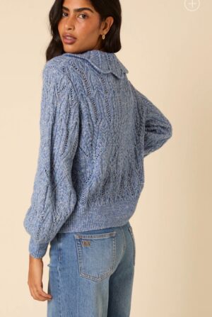 Blue Pointelle Collared Knitted Cardigan - Image 2