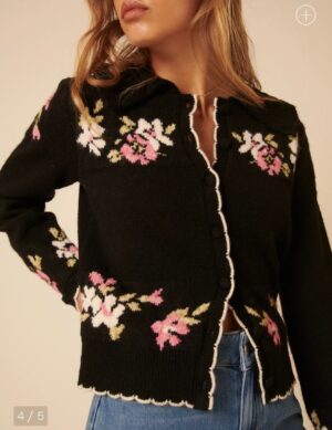 Black Floral Jacquard Collared Cardigan - Image 2