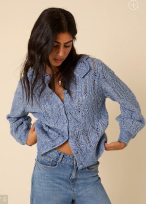 Blue Pointelle Collared Knitted Cardigan - Image 3