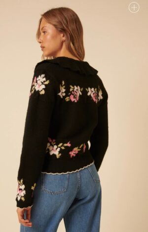 Black Floral Jacquard Collared Cardigan - Image 3