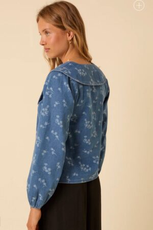Denim Long Sleeve Floral Printed Blouse - Image 2