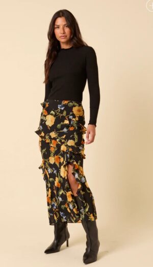 Black Floral Ruffle Skirt