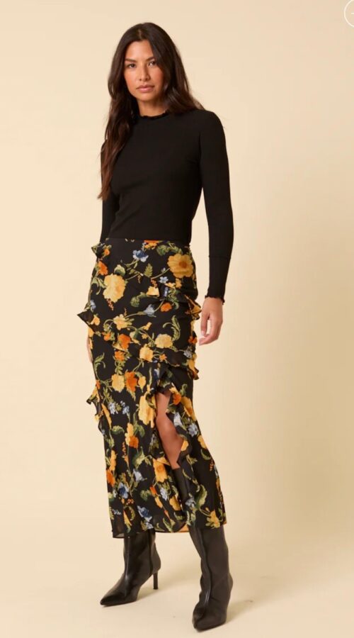 Black Floral Ruffle Skirt