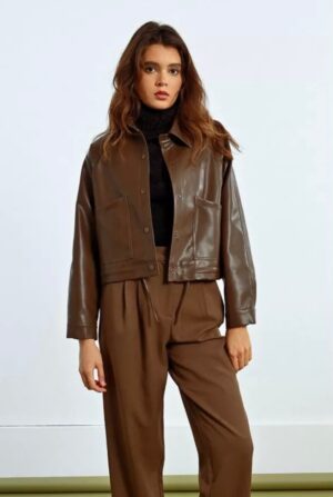 Chocolate Faux Leather Jacket - Image 3