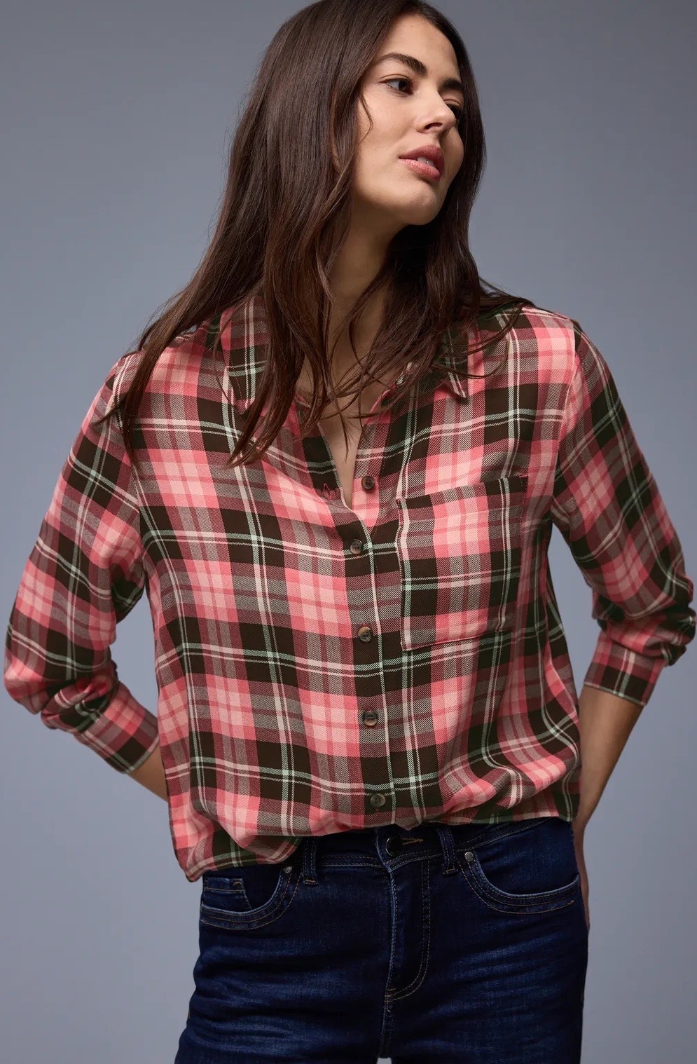 Street One Checkered Shirt Blouse - Coral