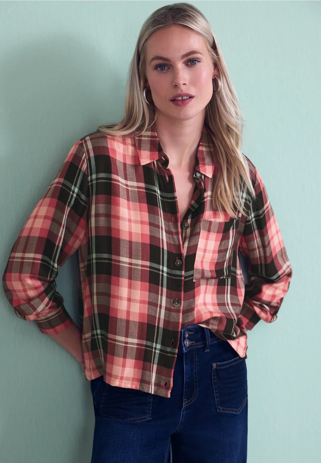 Street One Checkered Shirt Blouse - Coral - Image 2