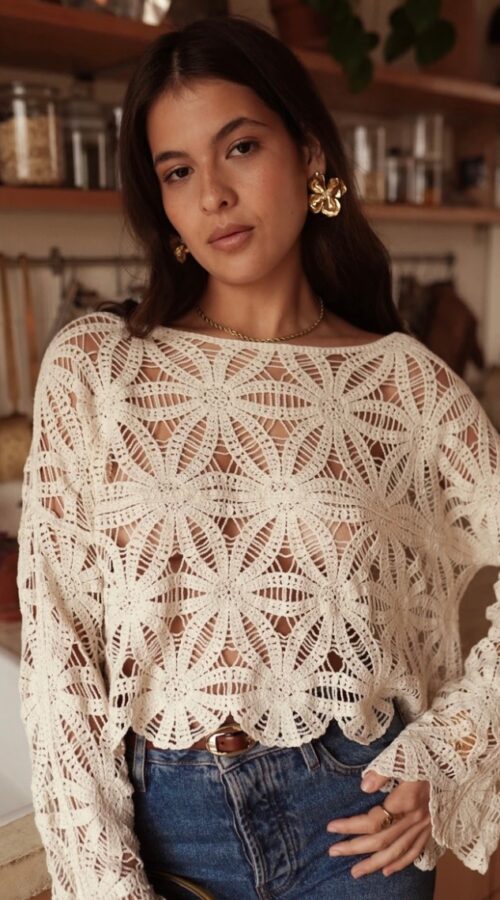 Long Sleeve Crochet Top Cream