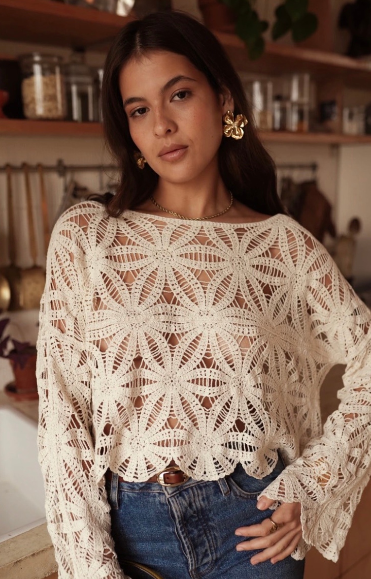 Long Sleeve Crochet Top Cream