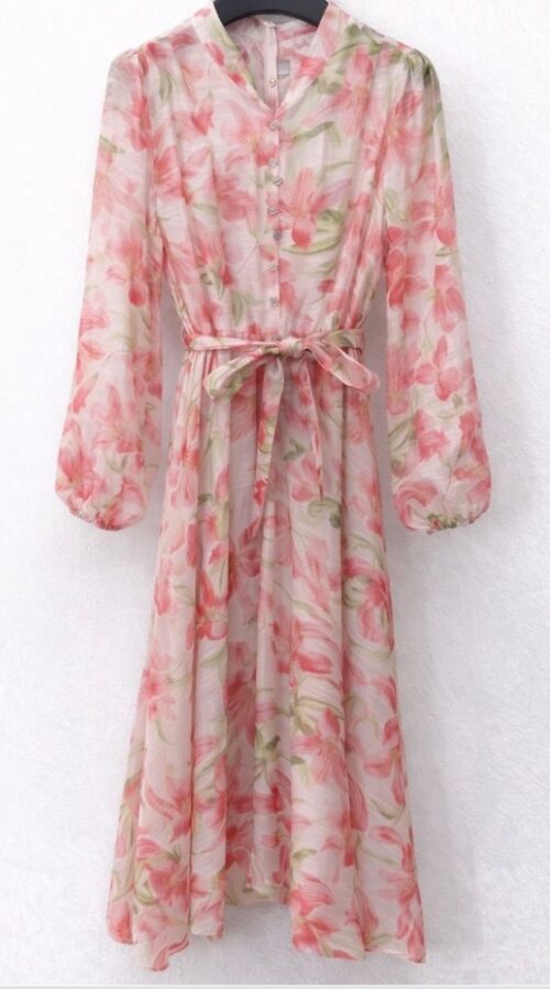 Flowy Long Dress with Floral Pink Print