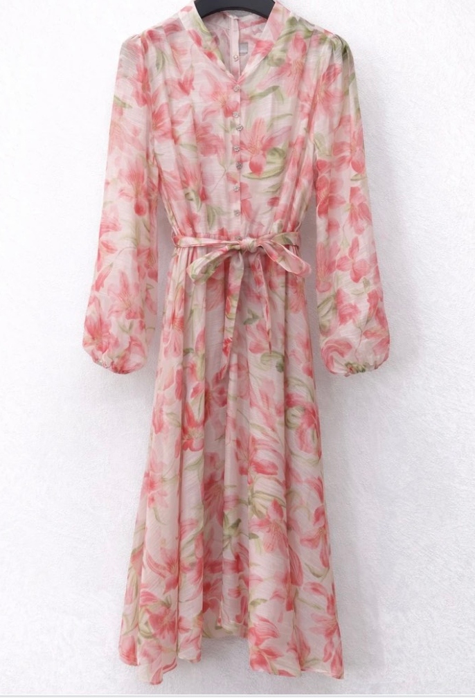 Flowy Long Dress with Floral Pink Print