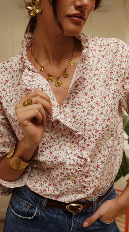 Floral Print Blouse with Ruffled Collar