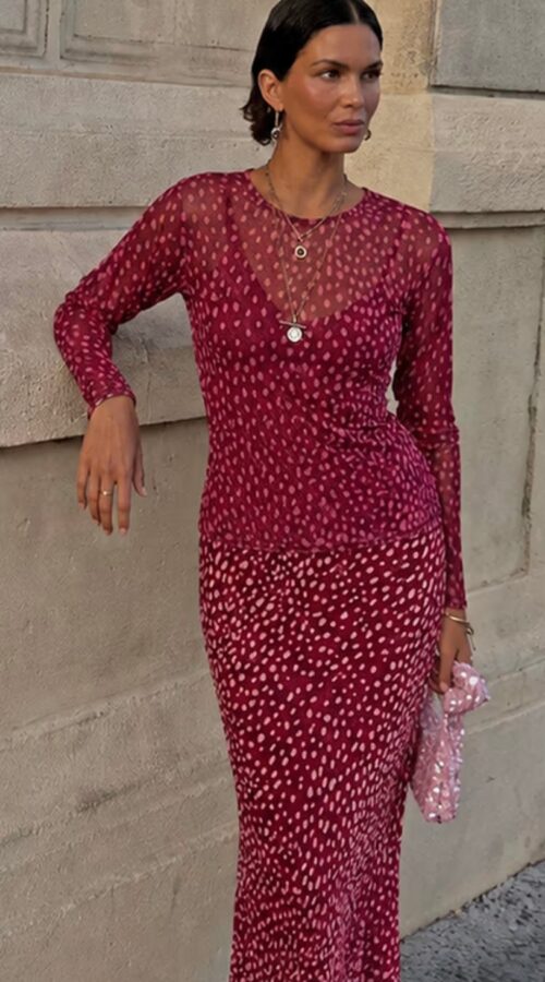 Never Fully Dressed Burgundy Deer Print Mesh Top