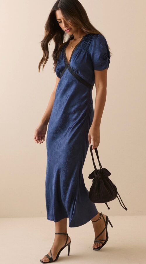 Navy Jacquard Floral Satin Nicolette Midi Dress