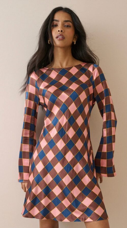 Brown & Pink Check Satin Romy Mini Dress
