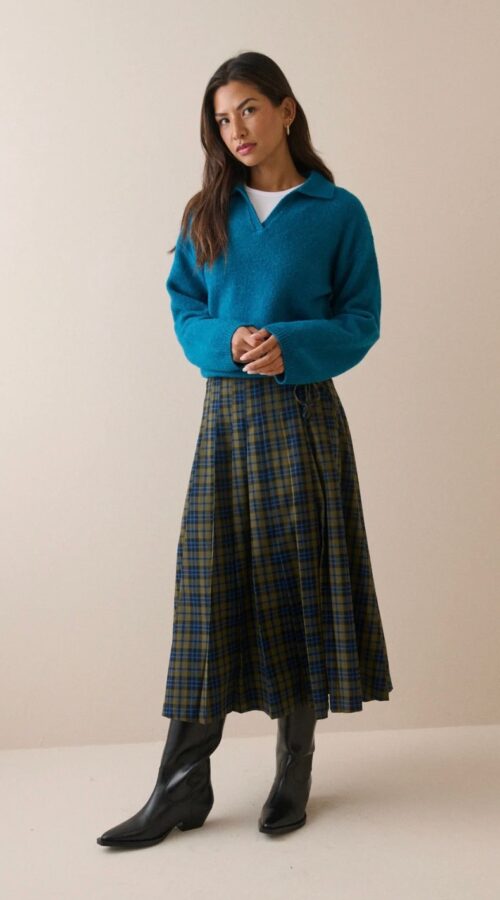 Blue & Green Tartan Pleated Midi Skirt