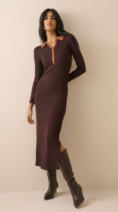 Chocolate Brown Contrast Polo Midi Dress